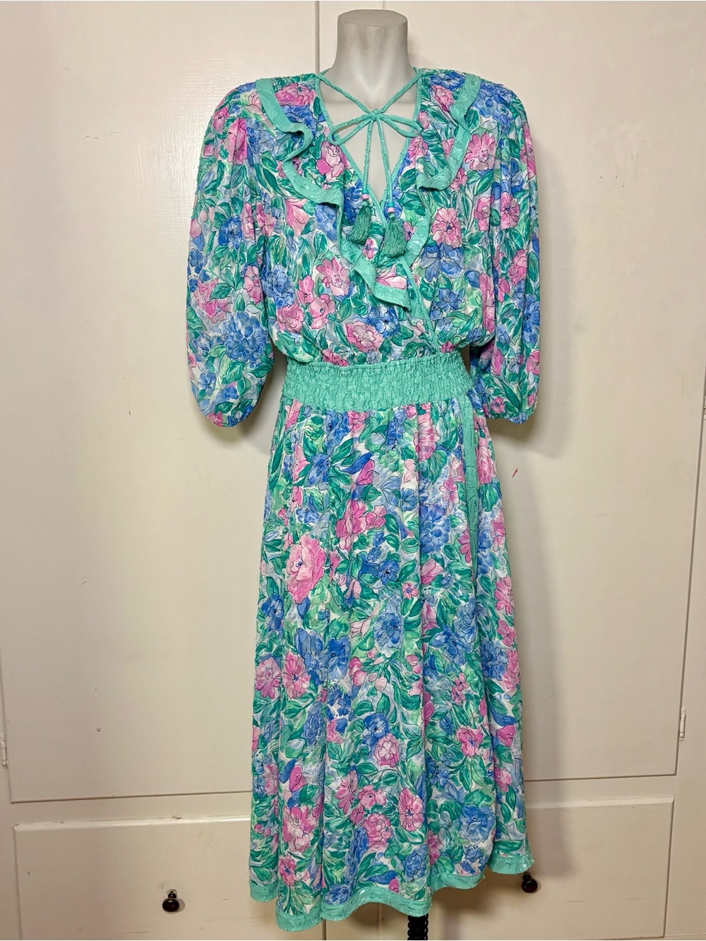 Vintage 80s Diane Freis Teal Pink Floral Georgette Ruffle Smocked Waist Dress